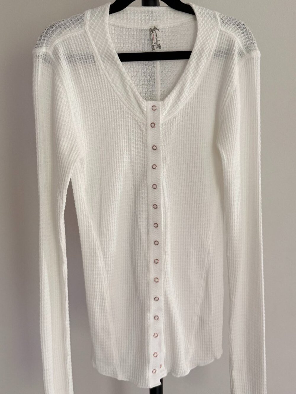Free People White Waffle Top Bronze Buttons S